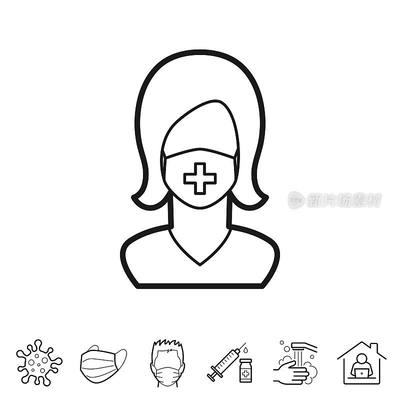 Woman in medical face protection mask. Line icon - Editable stroke